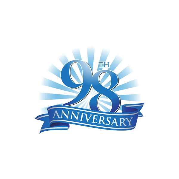 Logo du ruban 98e anniversaire avec des rayons de lumière bleus — Image vectorielle