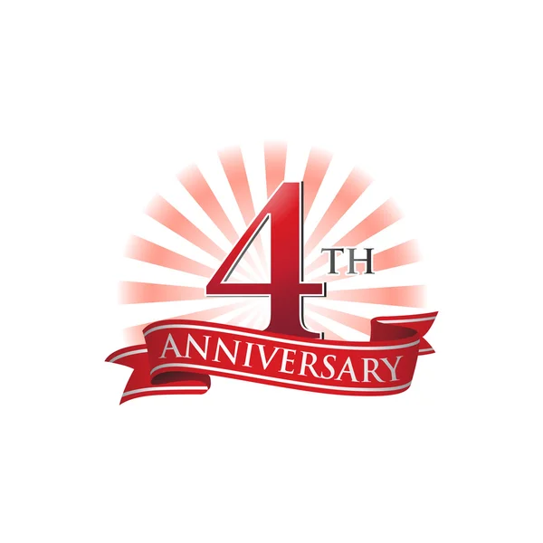 4th anniversary ribbon logo with red rays of light — Stock Vector