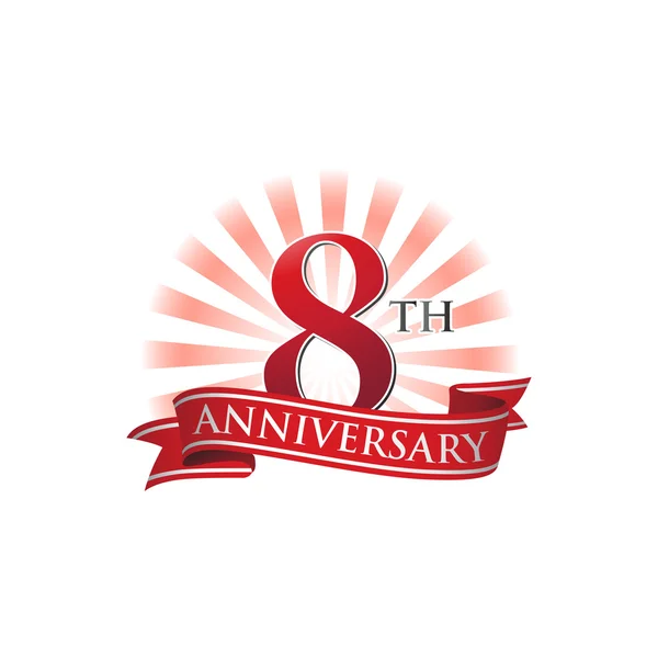 8. výročí stuha logo s červenými paprsky světla — Stockový vektor