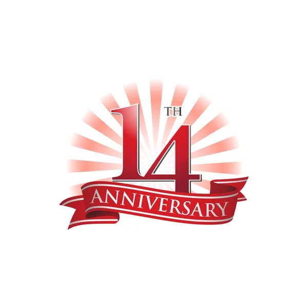 14th anniversary ribbon logo with red rays of light — Stock Vector