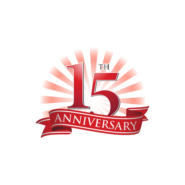 15th anniversary ribbon logo with red rays of light — Stock Vector