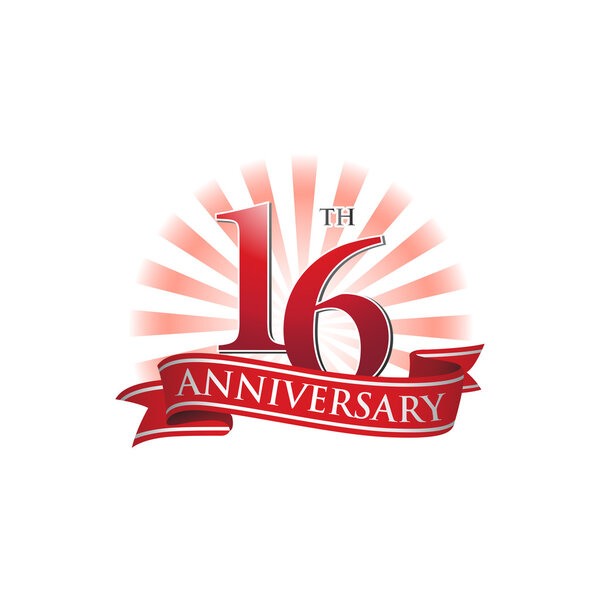 16th anniversary ribbon logo with red rays of light
