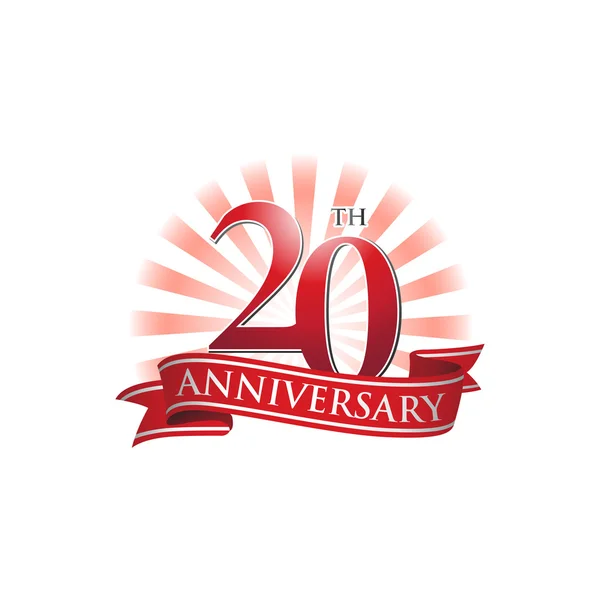 20η επέτειος κορδέλα λογότυπο με κόκκινες ακτίνες του φωτός — Διανυσματικό Αρχείο