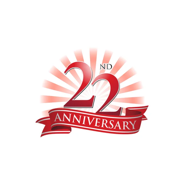 22nd anniversary ribbon logo with red rays of light — Stock Vector