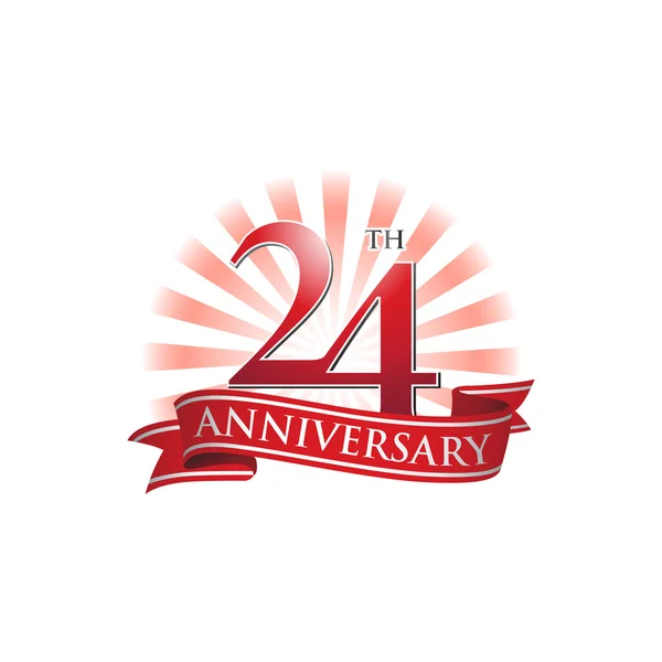 Logo del nastro del 24 anniversario con raggi di luce rossi — Vettoriale Stock