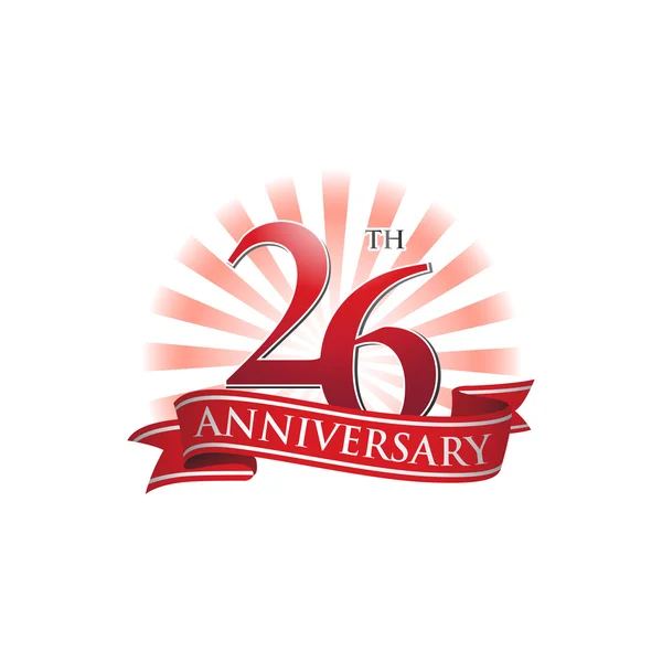 Logo del nastro 26 anniversario con raggi di luce rossi — Vettoriale Stock