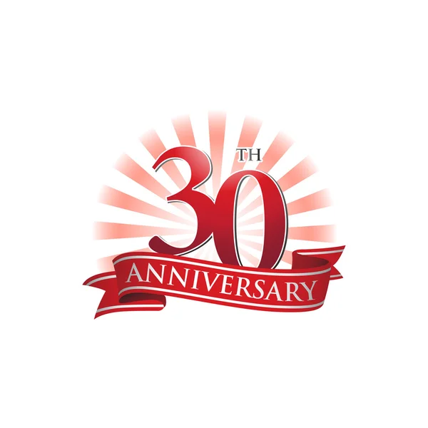 30th anniversary ribbon logo with red rays of light — Stock Vector