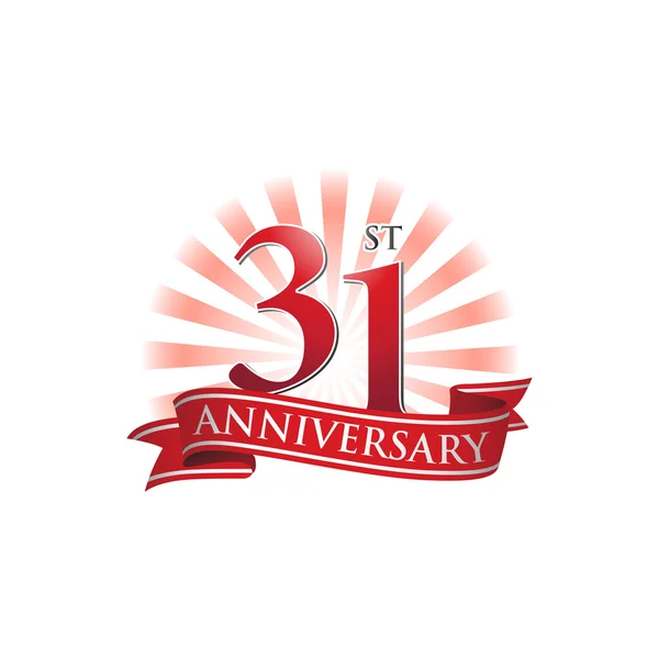 31st anniversary ribbon logo with red rays of light — Stock Vector