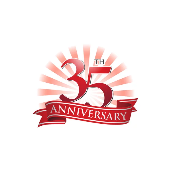35th anniversary ribbon logo with red rays of light — Stock Vector