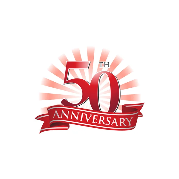 50e anniversaire logo ruban avec des rayons rouges de lumière — Image vectorielle