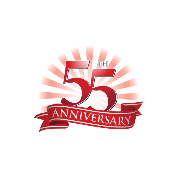 55e anniversaire logo ruban avec des rayons rouges de lumière — Image vectorielle