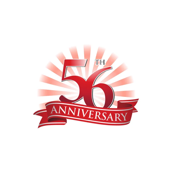 Logo du ruban du 56e anniversaire avec rayons rouges de lumière — Image vectorielle