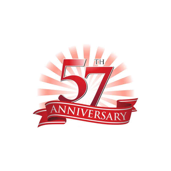 Logo de la cinta del 57 aniversario con rayos rojos de luz — Vector de stock