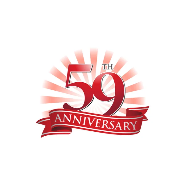 59η επέτειο κορδέλα λογότυπο με κόκκινες ακτίνες του φωτός — Διανυσματικό Αρχείο