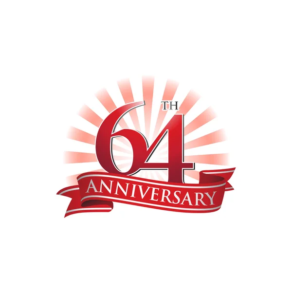 64esimo anniversario logo del nastro con raggi rossi di luce — Vettoriale Stock