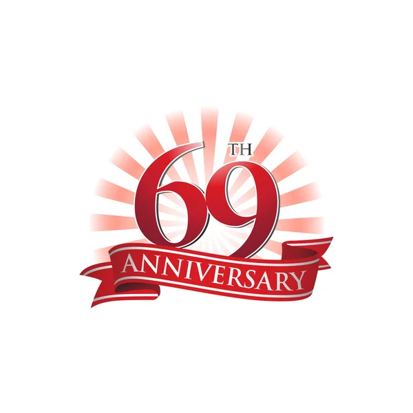 69η επέτειο κορδέλα λογότυπο με κόκκινες ακτίνες του φωτός — Διανυσματικό Αρχείο