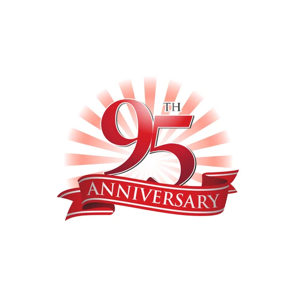 95e anniversaire logo ruban avec des rayons rouges de lumière — Image vectorielle