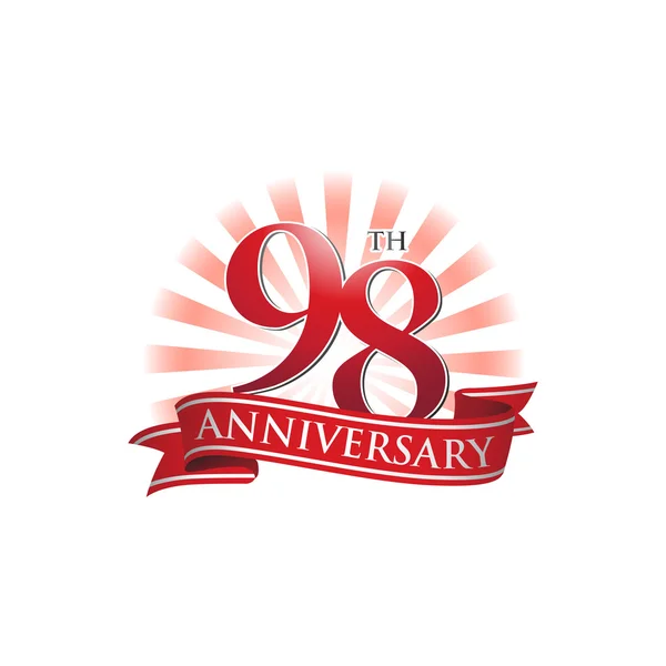 98e anniversaire logo ruban avec des rayons rouges de lumière — Image vectorielle