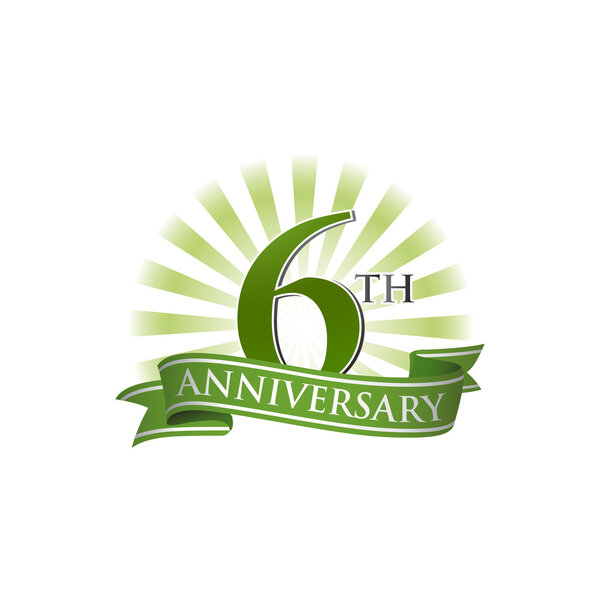 6th anniversary ribbon logo with green rays of light
