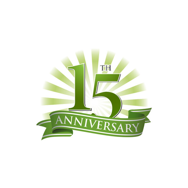 15th anniversary ribbon logo with green rays of light