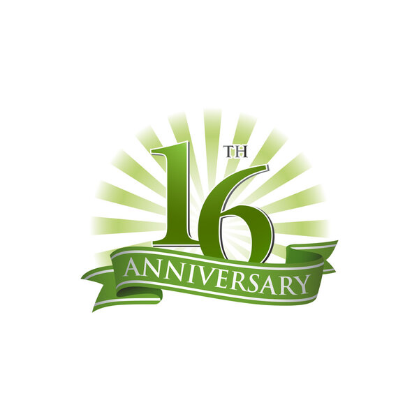 16th anniversary ribbon logo with green rays of light