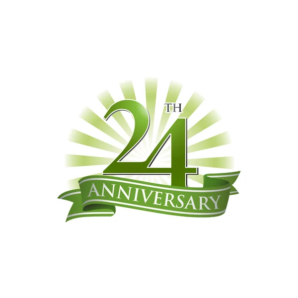 Logotipo de cinta de 24 aniversario con rayos verdes de luz — Archivo Imágenes Vectoriales