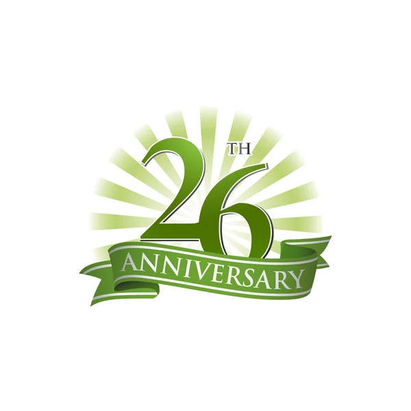 Logotipo de cinta de 26 aniversario con rayos verdes de luz — Vector de stock