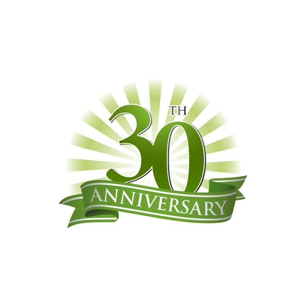 30th anniversary ribbon logo with green rays of light — Stock Vector