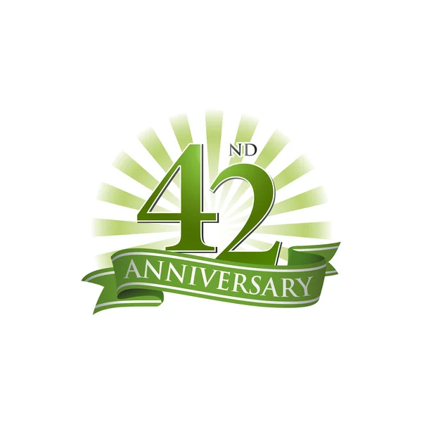 42nd anniversary ribbon logo with green rays of light — Stock Vector