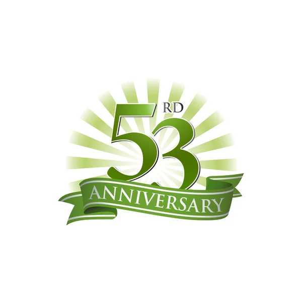 53rd anniversary ribbon logo with green rays of light — Stock Vector