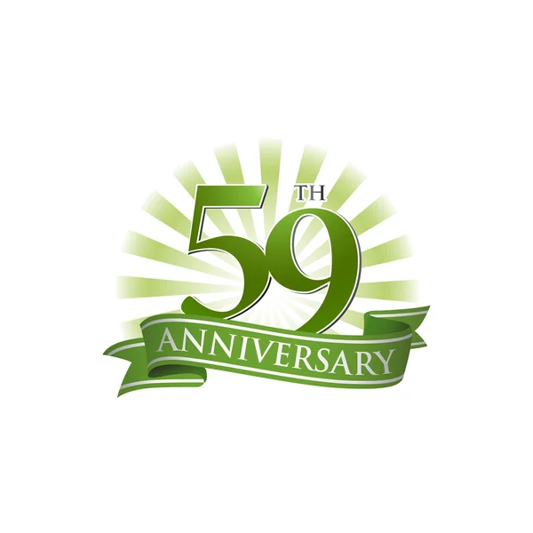 59th anniversary ribbon logo with green rays of light — Stock Vector