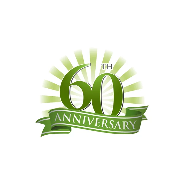 Logo du ruban du 60e anniversaire avec des rayons de lumière verts — Image vectorielle