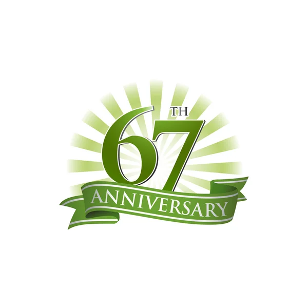 67th anniversary ribbon logo with green rays of light — Stock Vector