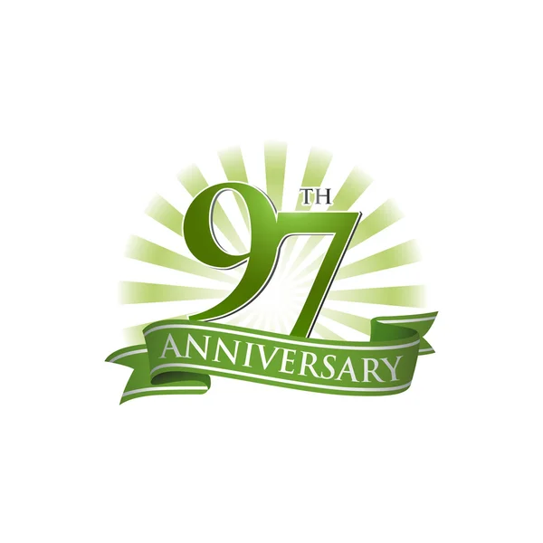 97: e årsdagen ribbon logo med gröna ljusstrålar — Stock vektor