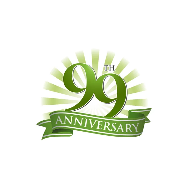 Logo du ruban 99e anniversaire avec des rayons de lumière verts — Image vectorielle