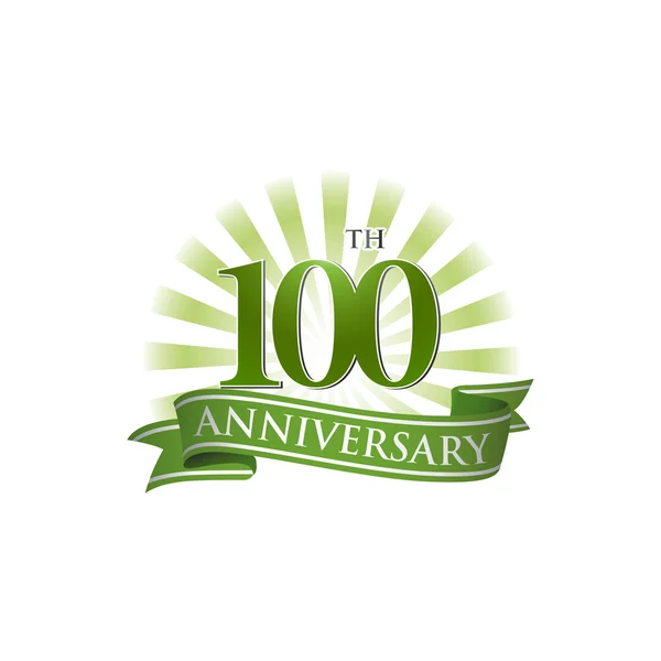 100th anniversary wstążki logo z zielone promienie światła — Wektor stockowy
