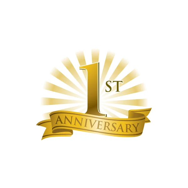 1st anniversary ribbon logo with golden rays of light — Stock Vector