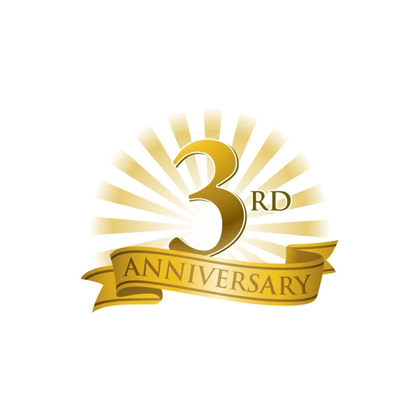 Logotipo de la cinta del tercer aniversario con rayos dorados de luz — Archivo Imágenes Vectoriales