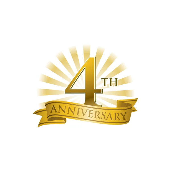 Logo du ruban du 4e anniversaire avec des rayons de lumière dorés — Image vectorielle