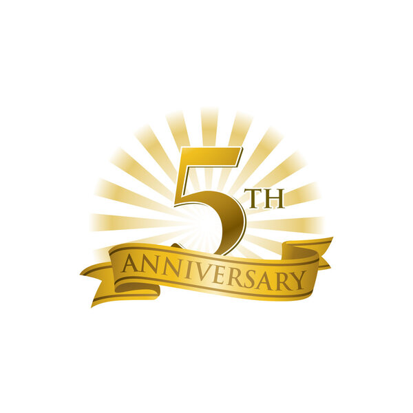 5th anniversary ribbon logo with golden rays of light