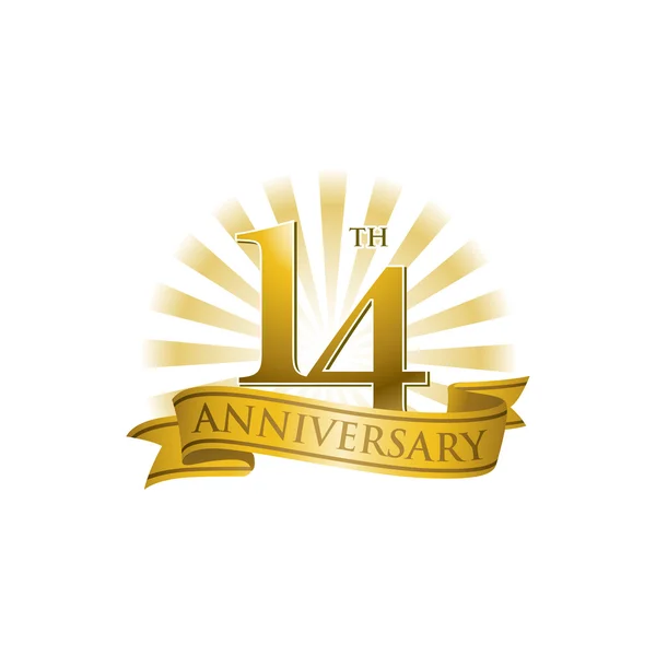 14th anniversary ribbon logo with golden rays of light — Stock Vector