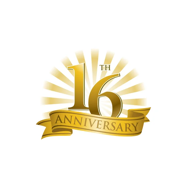 16: e årsdagen ribbon logo med gyllene strålar av ljus — Stock vektor