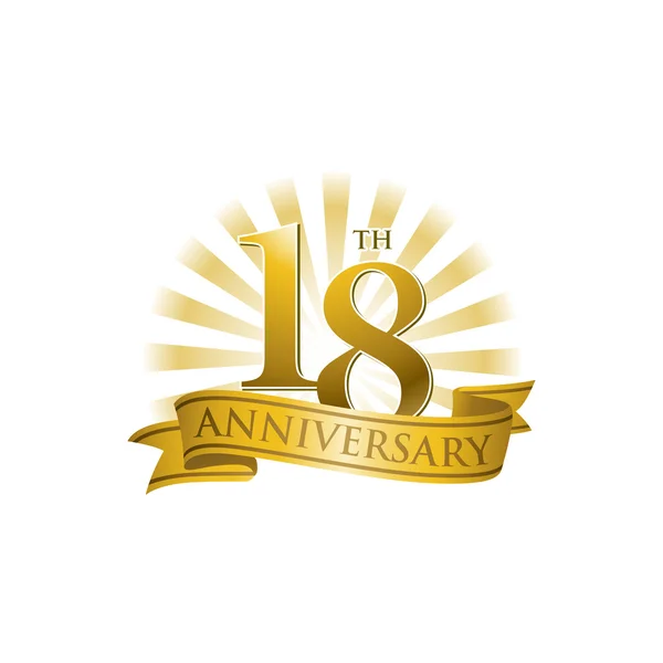 Ruban 18e anniversaire logo avec des rayons de lumière dorés — Image vectorielle