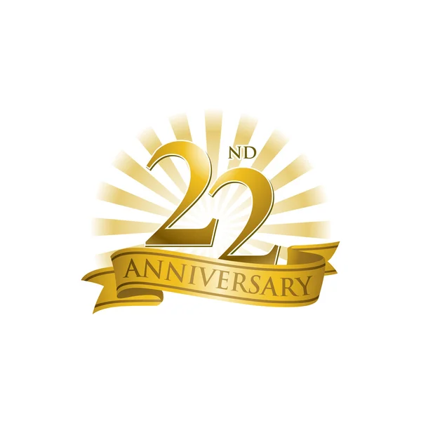 Logo du ruban 22e anniversaire avec des rayons de lumière dorés — Image vectorielle