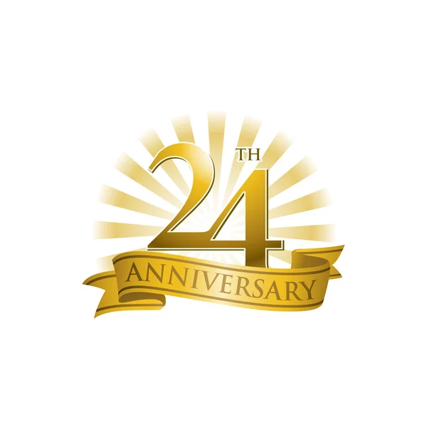 24th anniversary ribbon logo with golden rays of light — Stock Vector