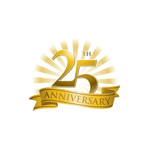 25: e årsdagen ribbon logo med gyllene strålar av ljus — Stock vektor