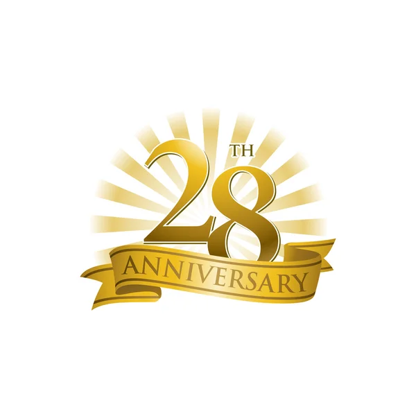Altın ışık ışınları ile 28th yıldönümü şerit logo — Stok Vektör