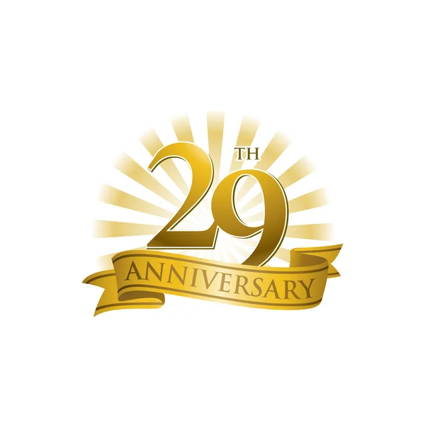 29th anniversary ribbon logo with golden rays of light — Stock Vector