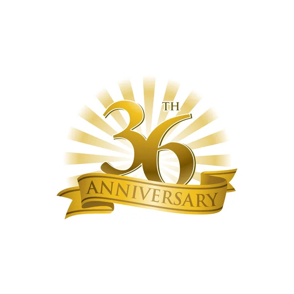 36: e årsdagen ribbon logo med gyllene strålar av ljus — Stock vektor