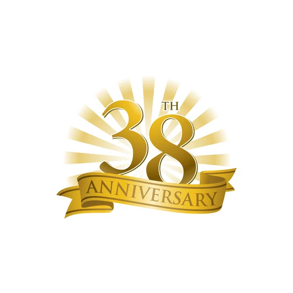 38e anniversaire logo ruban avec des rayons de lumière dorés — Image vectorielle